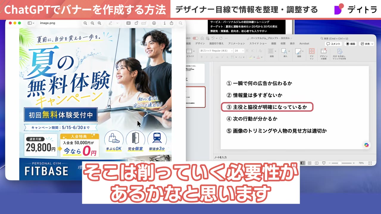 生成したバナーを5つのチェックポイントと並べて確認する画面