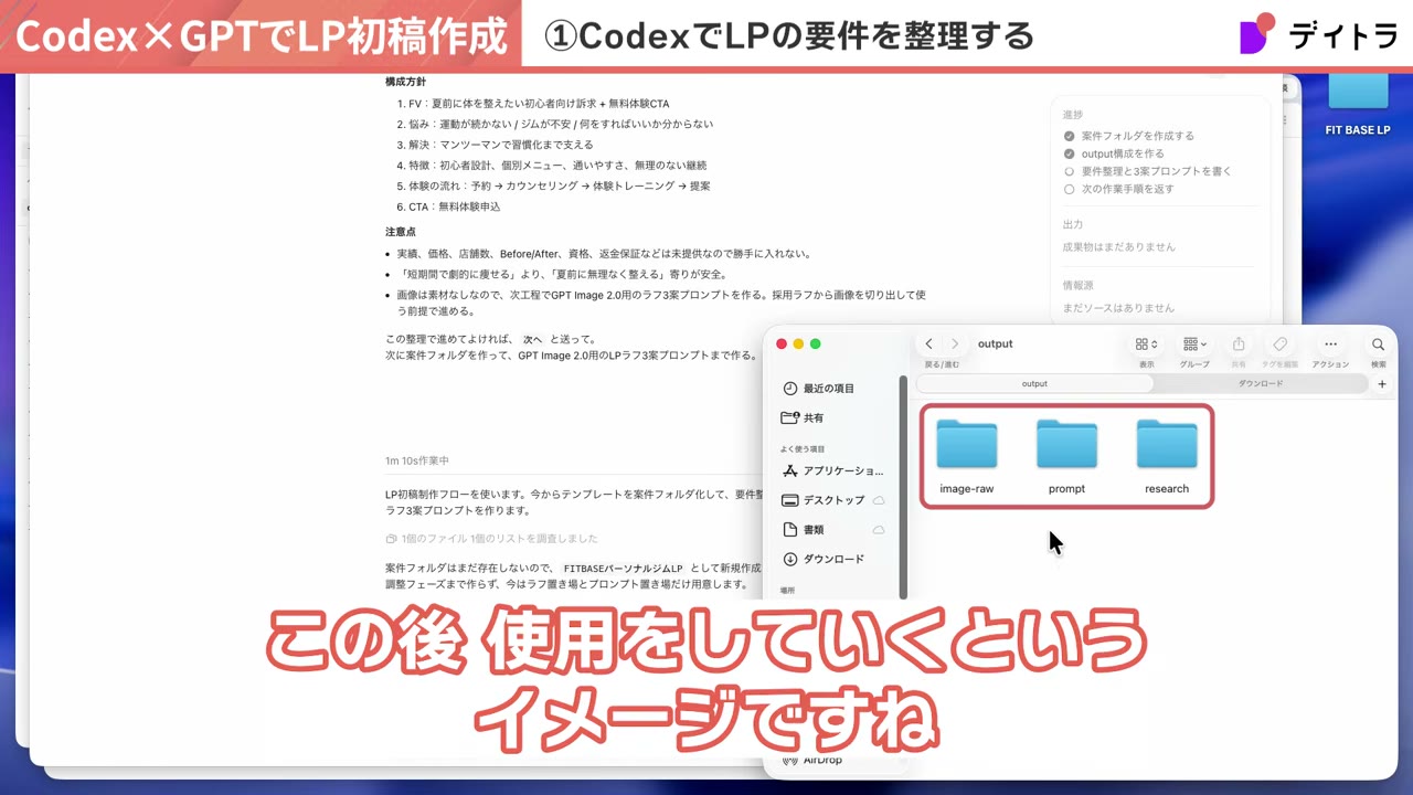 アウトプット配下に自動生成されたimage・prompt・researchフォルダ