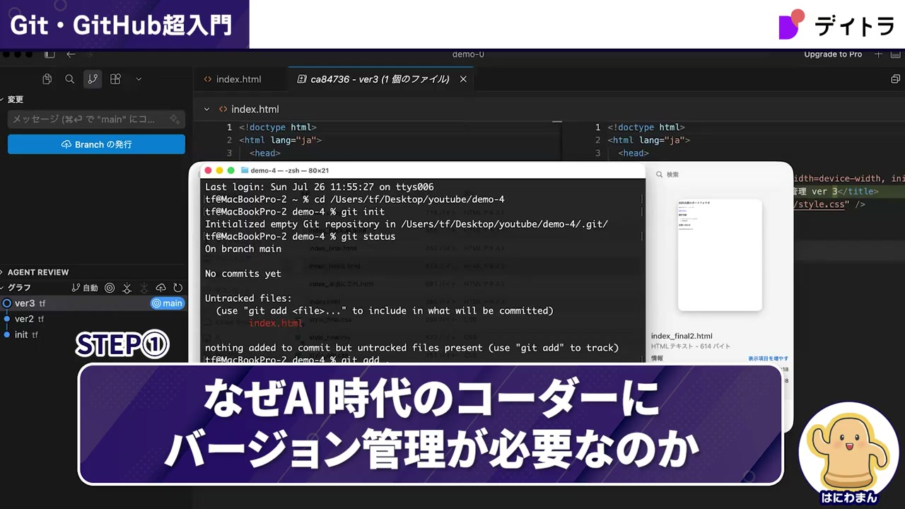 ターミナルでgit initとgit statusを実行している画面