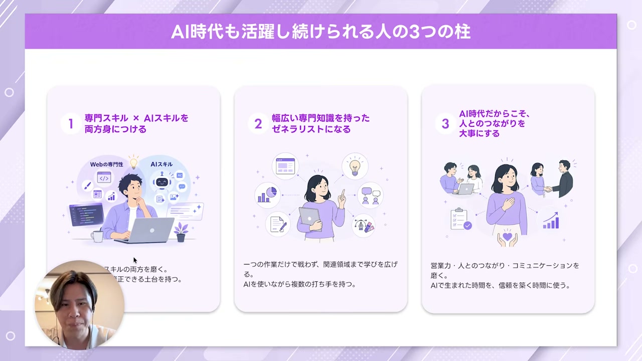 AI時代も活躍し続けられる人の3つの柱をまとめたスライド