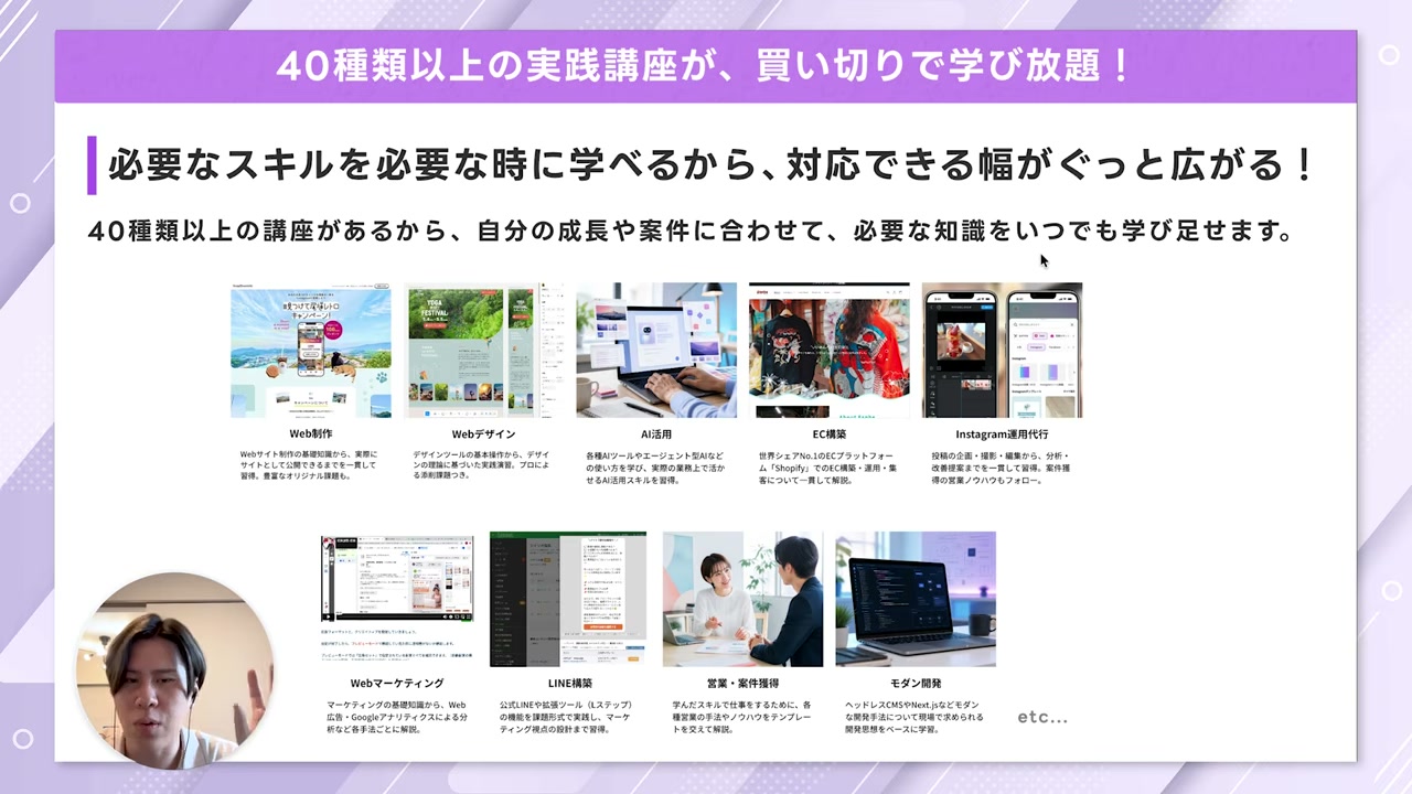 40種類以上の実践講座が買い切りで学び放題になることを示すスライド