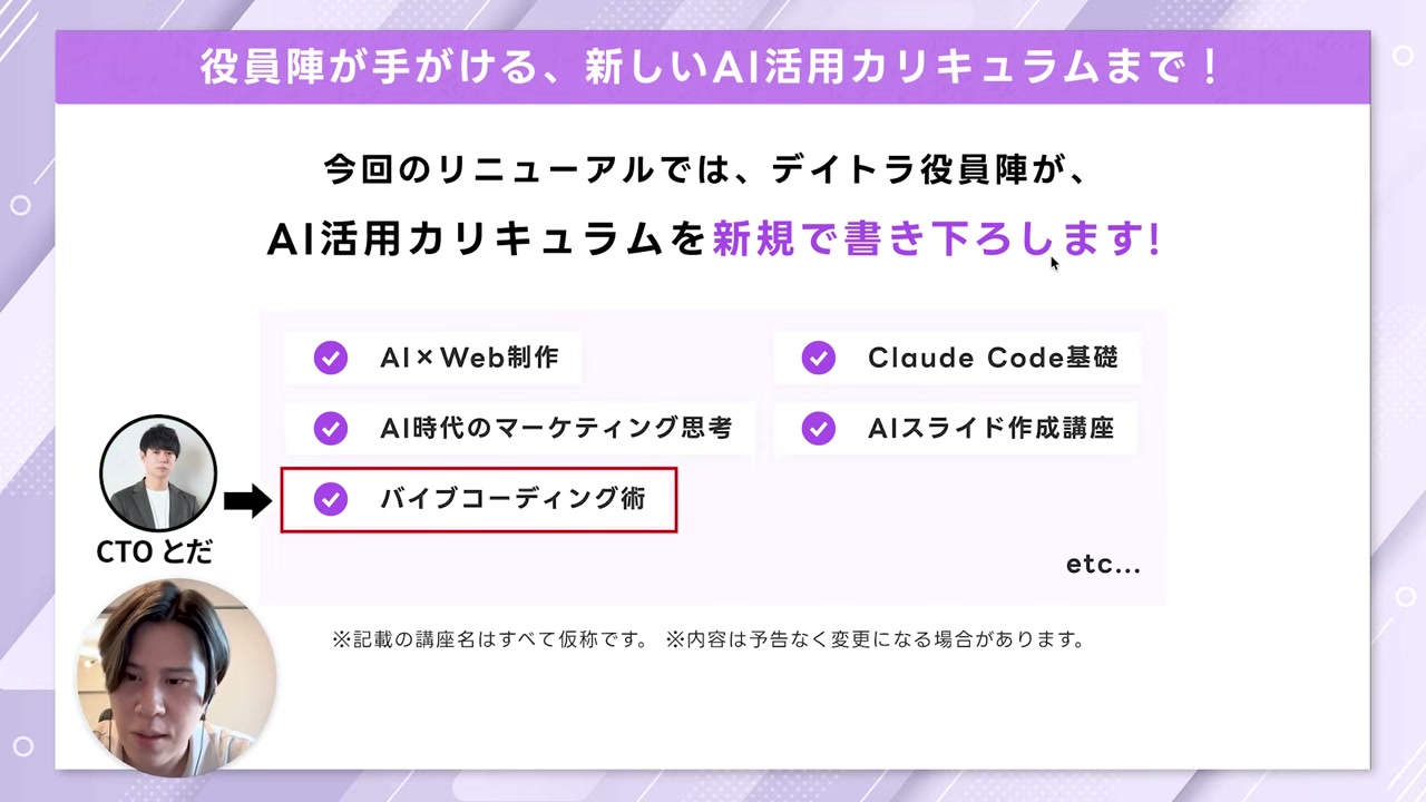デイトラ役員陣が新規で書き下ろすAI活用カリキュラムの一覧スライド