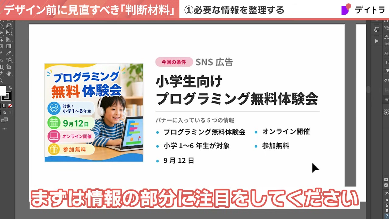題材となるSNS広告バナーの条件と、バナーに入っている5つの情報を整理した画面