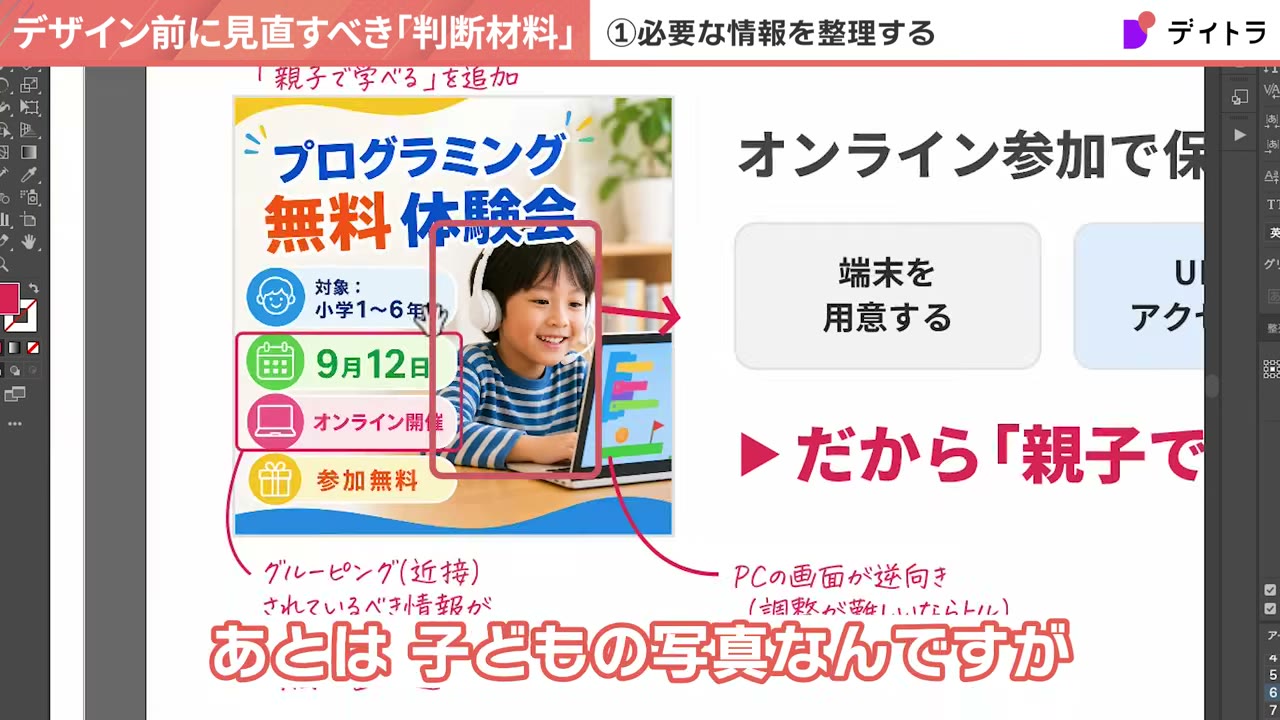 Beforeバナーに赤字でグルーピングの近接とPC画面が逆向きであることを書き込んだ添削画面