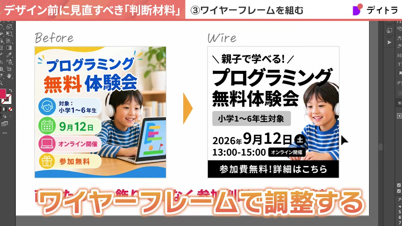 BeforeバナーとモノクロのワイヤーフレームをBefore/Wireとして左右に並べて比較した画面