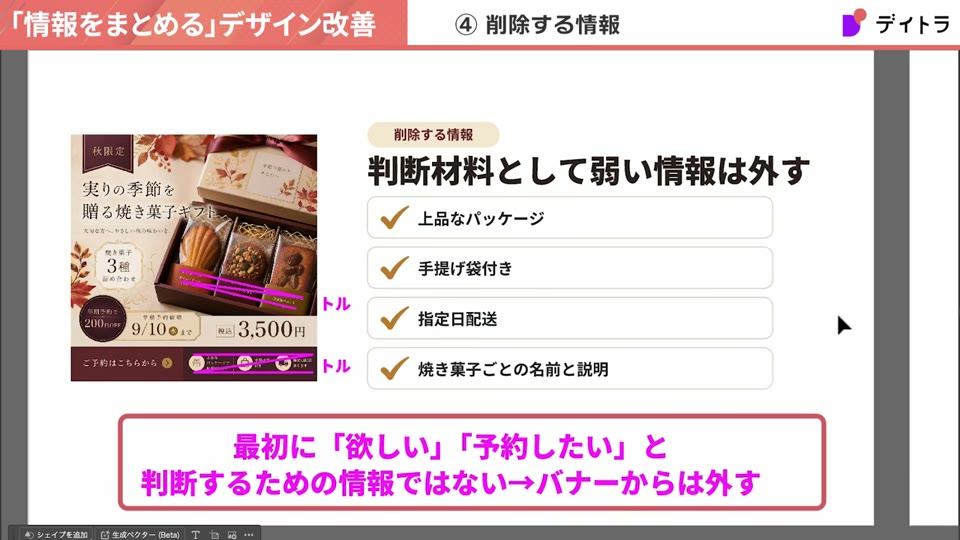 削除する情報として判断材料に弱い情報は外す。上品なパッケージ、手提げ袋付き、指定日配送、焼き菓子ごとの名前と説明の4つ