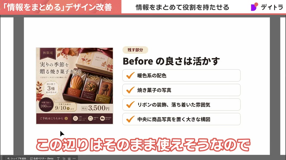 残す部分としてBeforeの良さは活かす。暖色系の配色、焼き菓子の写真、リボンの装飾と落ち着いた雰囲気、中央に商品写真を置く大きな構図の4点