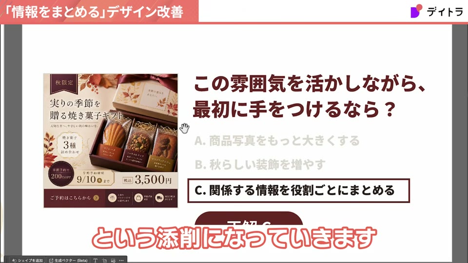 この雰囲気を活かしながら、最初に手をつけるなら?という3択クイズ。A.商品写真をもっと大きくする B.秋らしい装飾を増やす C.関係する情報を役割ごとにまとめる。正解はC