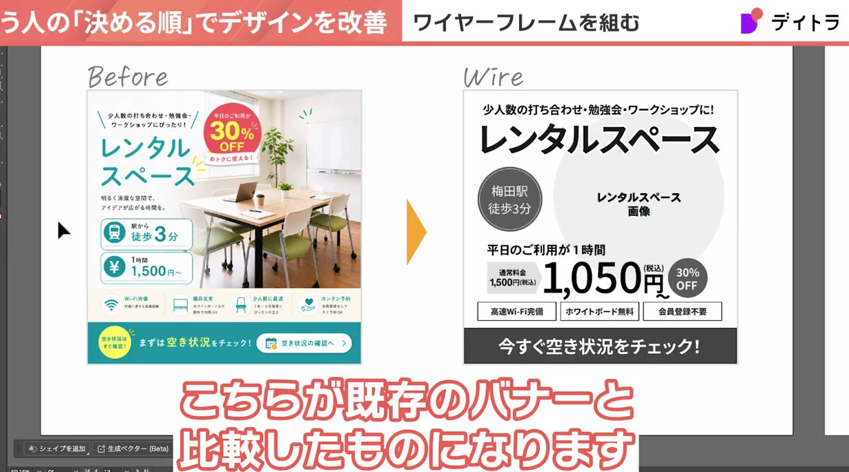 既存のBeforeバナーとワイヤーフレームを並べた比較。色や写真を入れる前から情報を確かめる順番が整理できている
