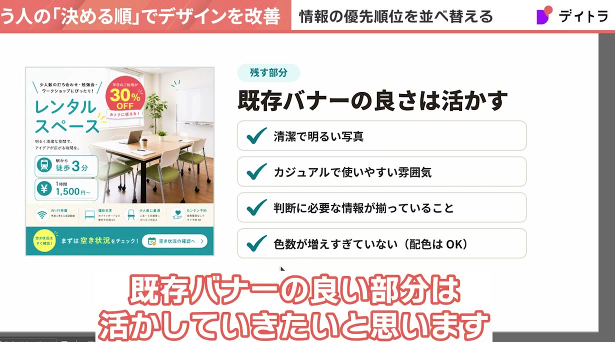 残す部分として既存バナーの良さは活かす。清潔で明るい写真、カジュアルで使いやすい雰囲気、判断に必要な情報が揃っていること、色数が増えすぎていないことの4点