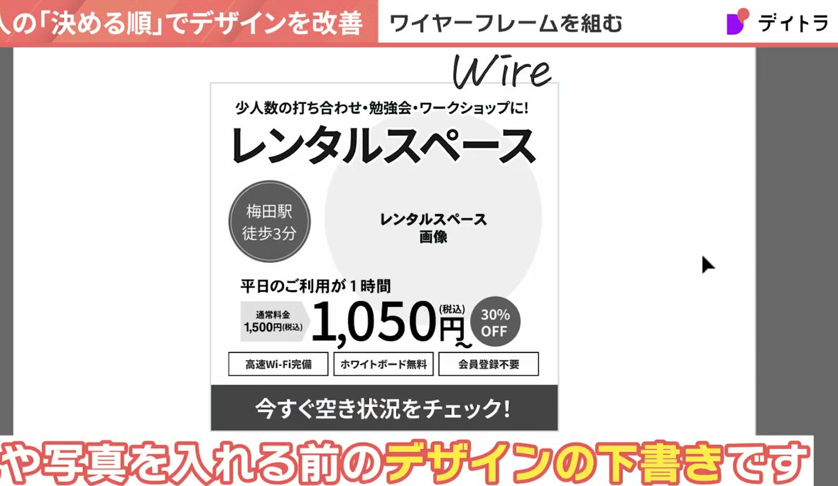 色や写真を入れる前のデザインの下書きであるワイヤーフレーム。少人数の打ち合わせ・勉強会・ワークショップに!レンタルスペース、梅田駅徒歩3分、平日のご利用が1時間 通常料金1,500円(税込)から1,050円(税込)30%OFF、高速Wi-Fi完備・ホワイトボード無料・会員登録不要、今すぐ空き状況をチェック!