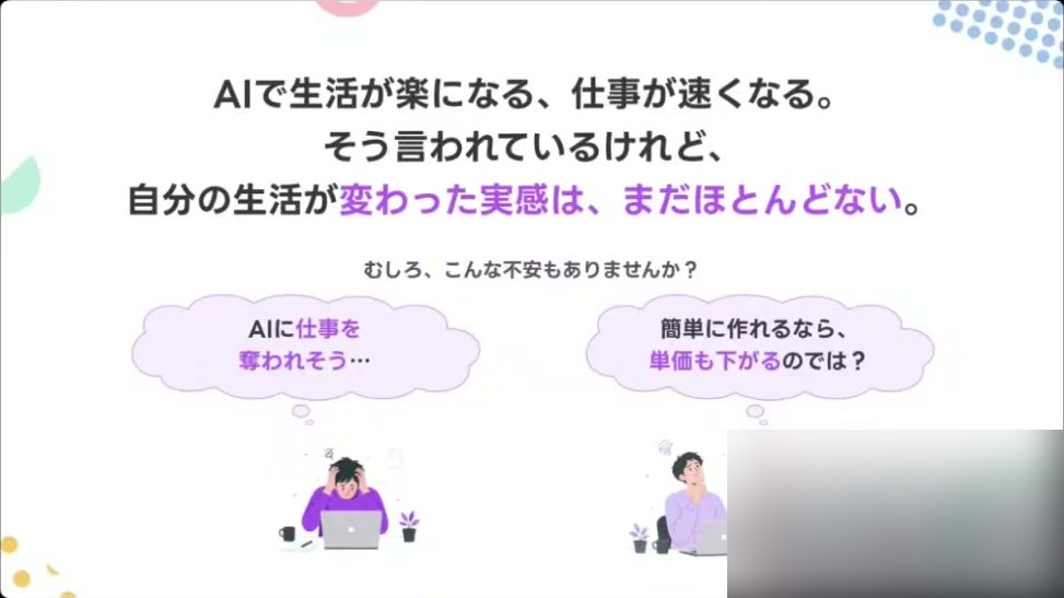 AIで生活が楽になる、仕事が速くなると言われているけれど、自分の生活が変わった実感はまだほとんどないと書かれたスライド