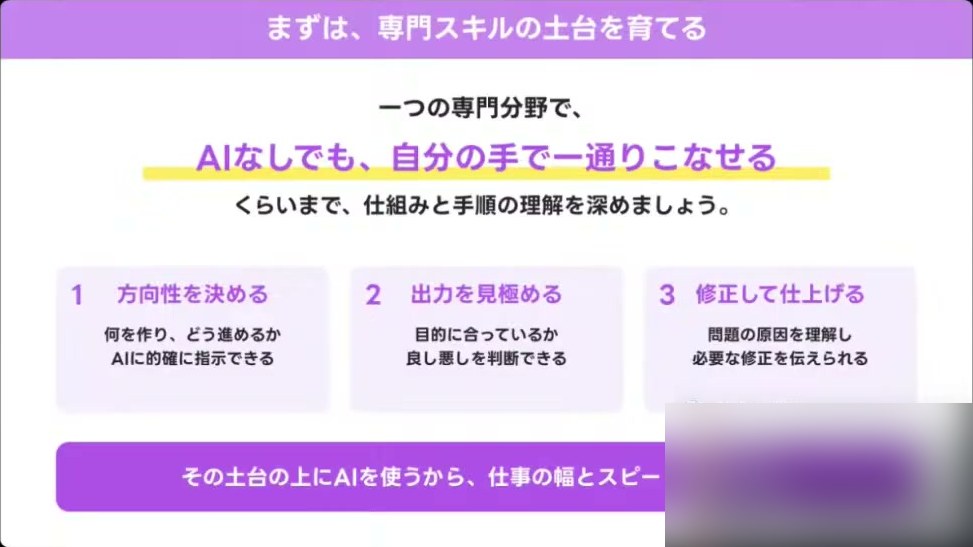 まずは専門スキルの土台を育てるとして、一つの専門分野でAIなしでも自分の手で一通りこなせるくらいまで仕組みと手順の理解を深めましょうと書かれたスライド