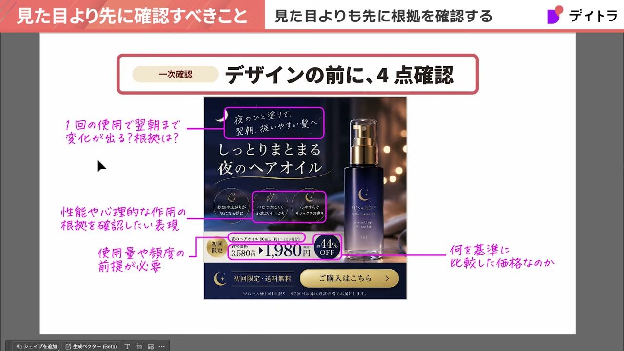 一次確認としてデザインの前に4点確認。Beforeバナーの効果表現、使用感と香りの表現、使用量や頻度の前提、比較価格の基準に赤枠と注記を入れたもの
