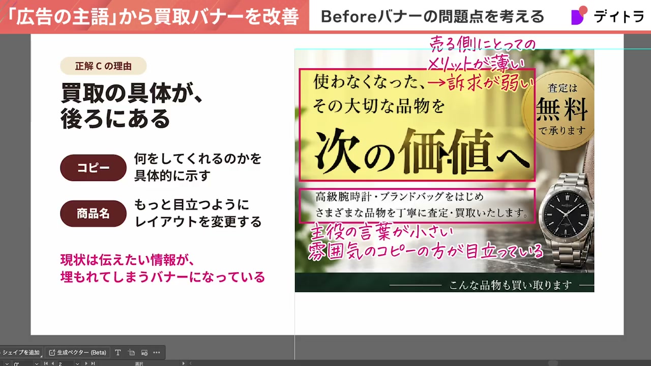 正解Cの理由。買取の具体が、後ろにある。コピーは何をしてくれるのかを具体的に示す、商品名はもっと目立つようにレイアウトを変更する。現状は伝えたい情報が埋もれてしまうバナーになっている
