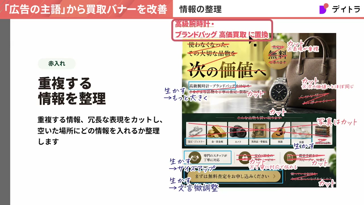 赤入れ:重複する情報を整理。冒頭コピーは高級腕時計・ブランドバッグ 高価買取に置換、商品名はもっと大きく、表現が重複する要素や次の価値へとほぼ同じ文言はカット、品目の写真はカットしてラベルは生かす、専門のスタッフが丁寧に対応はサイズアップ、ボタンは文言微調整