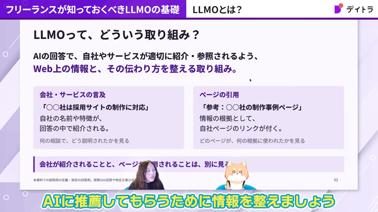 LLMOの定義を説明するスライド。会社・サービスの言及とページの引用
