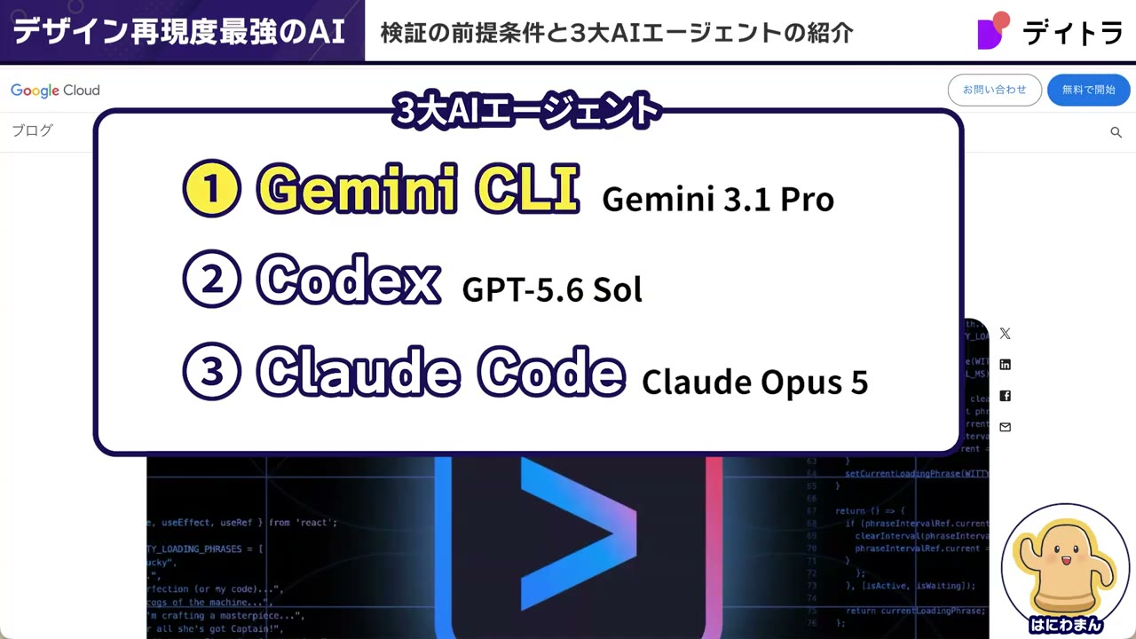 比較する3大AIエージェントと使用モデル（Gemini CLI＝Gemini 3.1 Pro、Codex＝GPT-5.6 Sol、Claude Code＝Claude Opus 5）