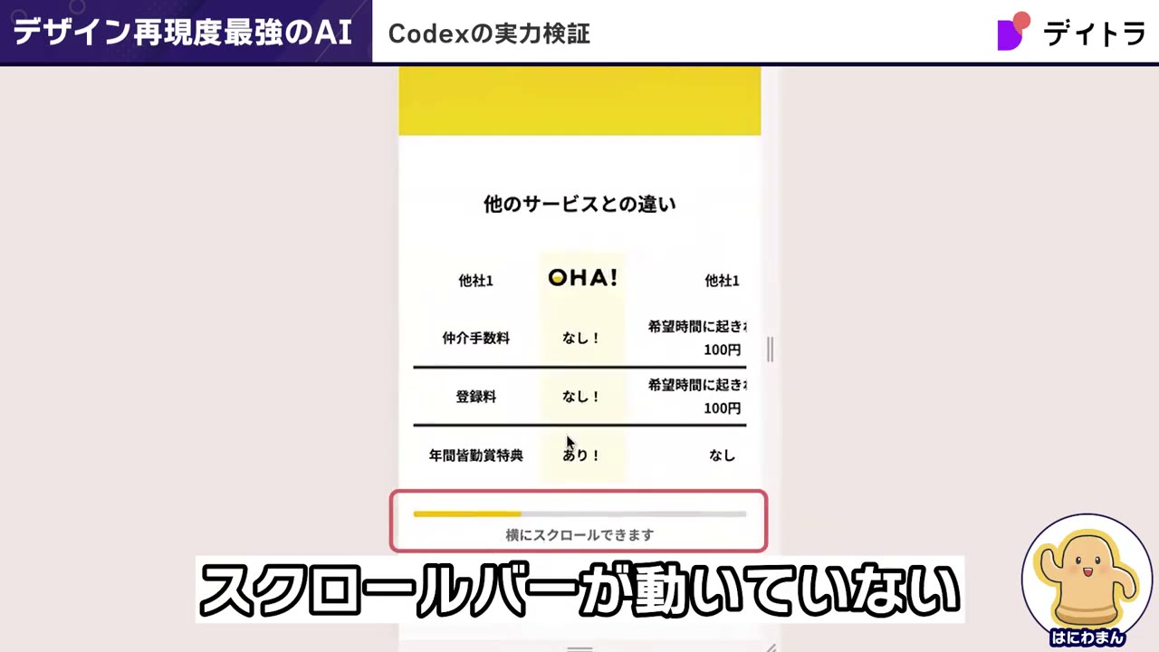 Codexが実装した他のサービスとの違いのテーブル（375px）