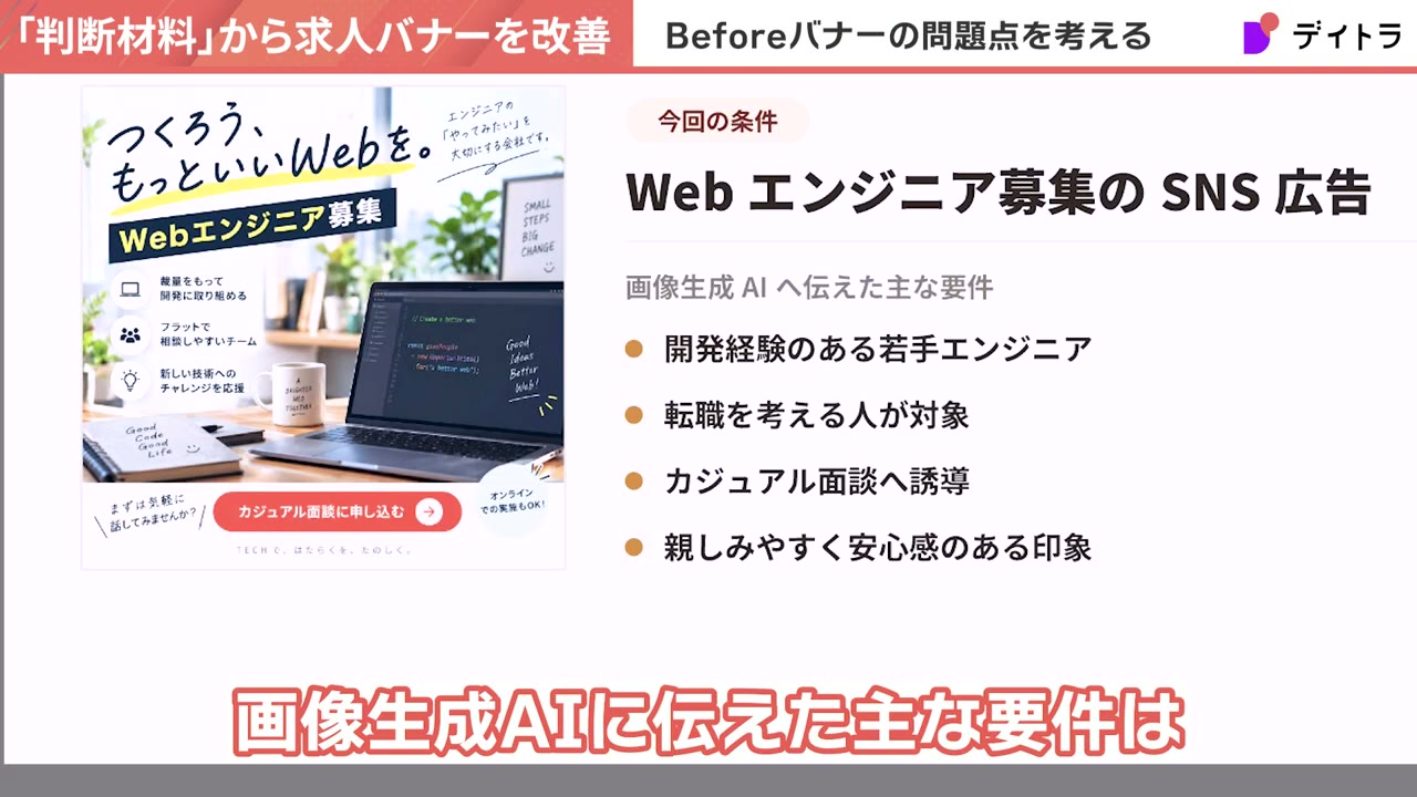 今回の条件。WebエンジニアのSNS広告。画像生成AIへ伝えた主な要件は開発経験のある若手エンジニア、転職を考える人が対象、カジュアル面談へ誘導、親しみやすく安心感のある印象