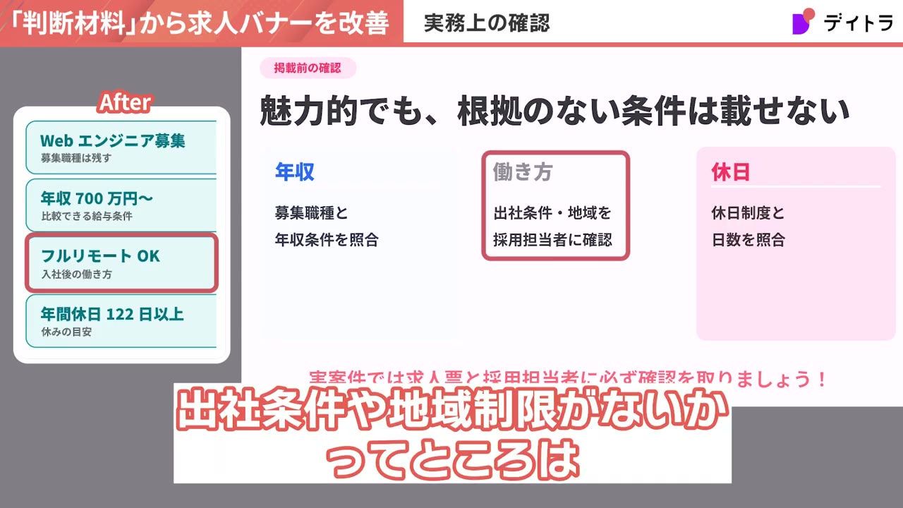掲載前の確認。魅力的でも根拠のない条件は載せない。年収は募集職種と年収条件を照合、働き方は出社条件・地域を採用担当者に確認、休日は休日制度と日数を照合。実案件では求人票と採用担当者に必ず確認を取りましょう