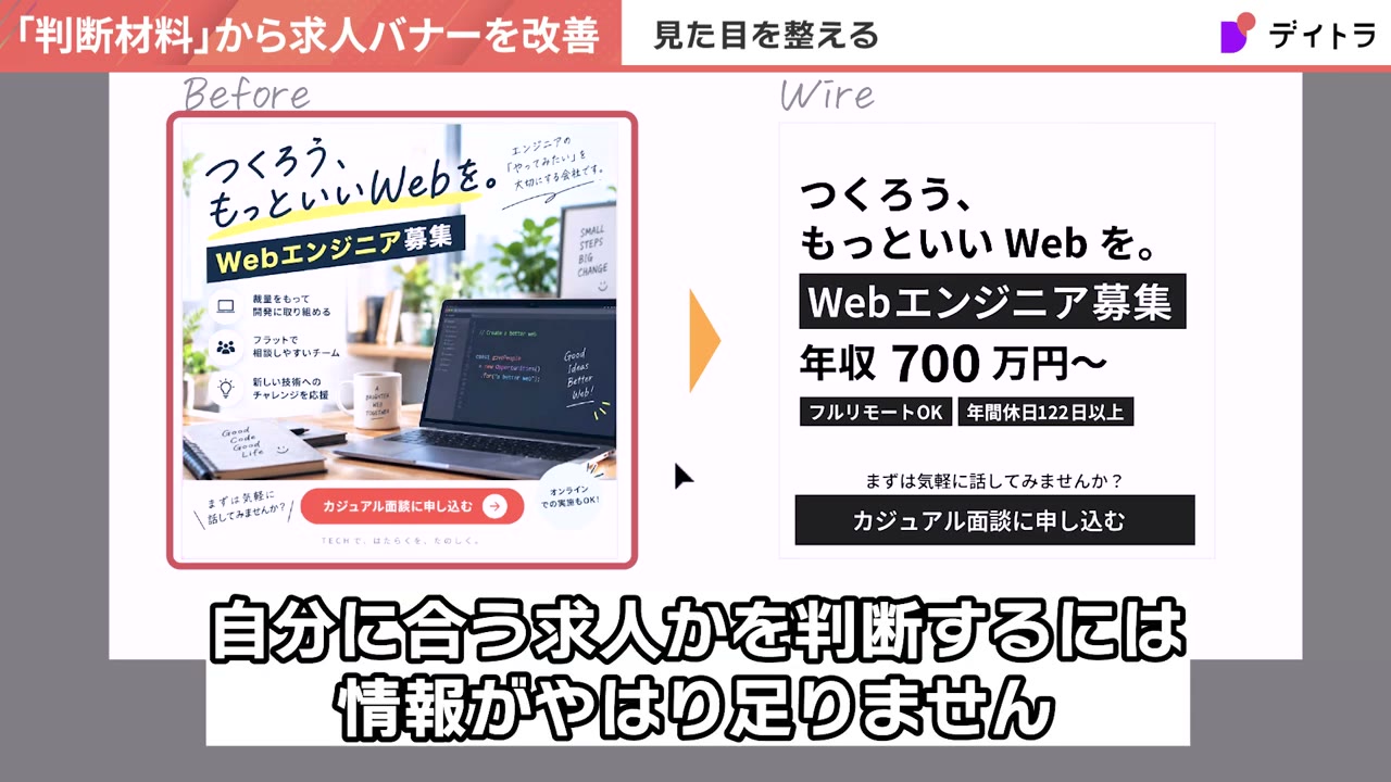 BeforeバナーとWire(文字と枠だけの下書き)の比較。Wireはつくろう、もっといいWebを。Webエンジニア募集、年収700万円〜、フルリモートOK、年間休日122日以上、まずは気軽に話してみませんか?カジュアル面談に申し込む